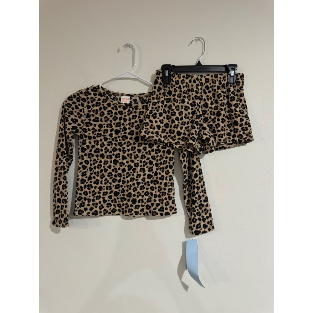 Cat & Jack Leopard Waffle Knit Pajama Set Girls Size M 8 Brown Animal Print